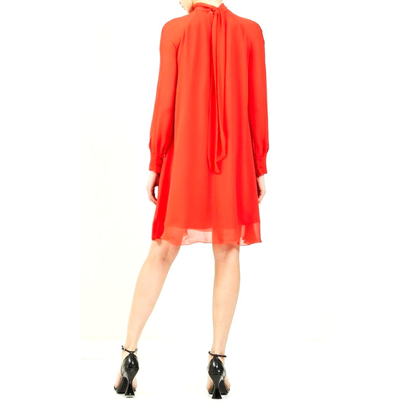 KENZO Red Flare A line Mini Dress Tunic Long Sleeve Neck Tie Crepe 34 XS - Picture 2 of 11